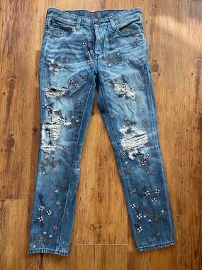 Lucky Brand Blue Embroidered Distressed Skinny Jeans